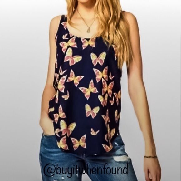 Sleeveless Navy Blue Butterfly Print Chiffon Top M-XL - Picture 8 of 8